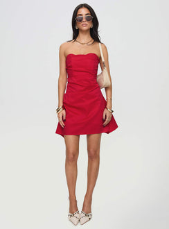 back view of model wearing Princess Polly Bradwell Strapless Mini Dress Red Sweetheart Neckline 