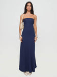 side view of model wearing Princess Polly Yahir Strapless Maxi Dress Navy Petite Straight Neck 