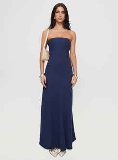 side view of model wearing Princess Polly Yahir Strapless Maxi Dress Navy Straight Neck 