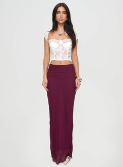   front view of model wearing Princess Polly Devon Maxi Skirt Burgundy Maxi 