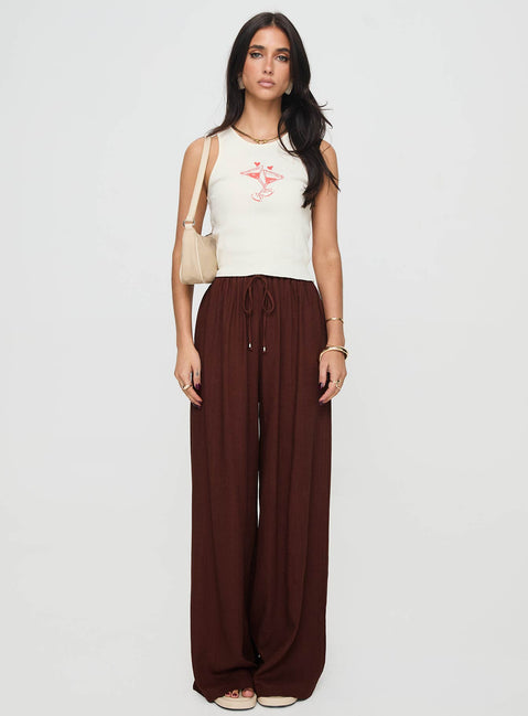 front view of model wearing Princess Polly Ogilvie Linen Blend Pants Chocolate High Waisted Pants 
