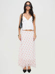 Maxi skirt Floral print, lace trim at waist, invisible zip fastening, layered asymmetrical hem Non-stretch material, fully lined 