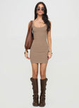 front view of model wearing Princess Polly Montwood Mini Dress Beige Scoop Neck 