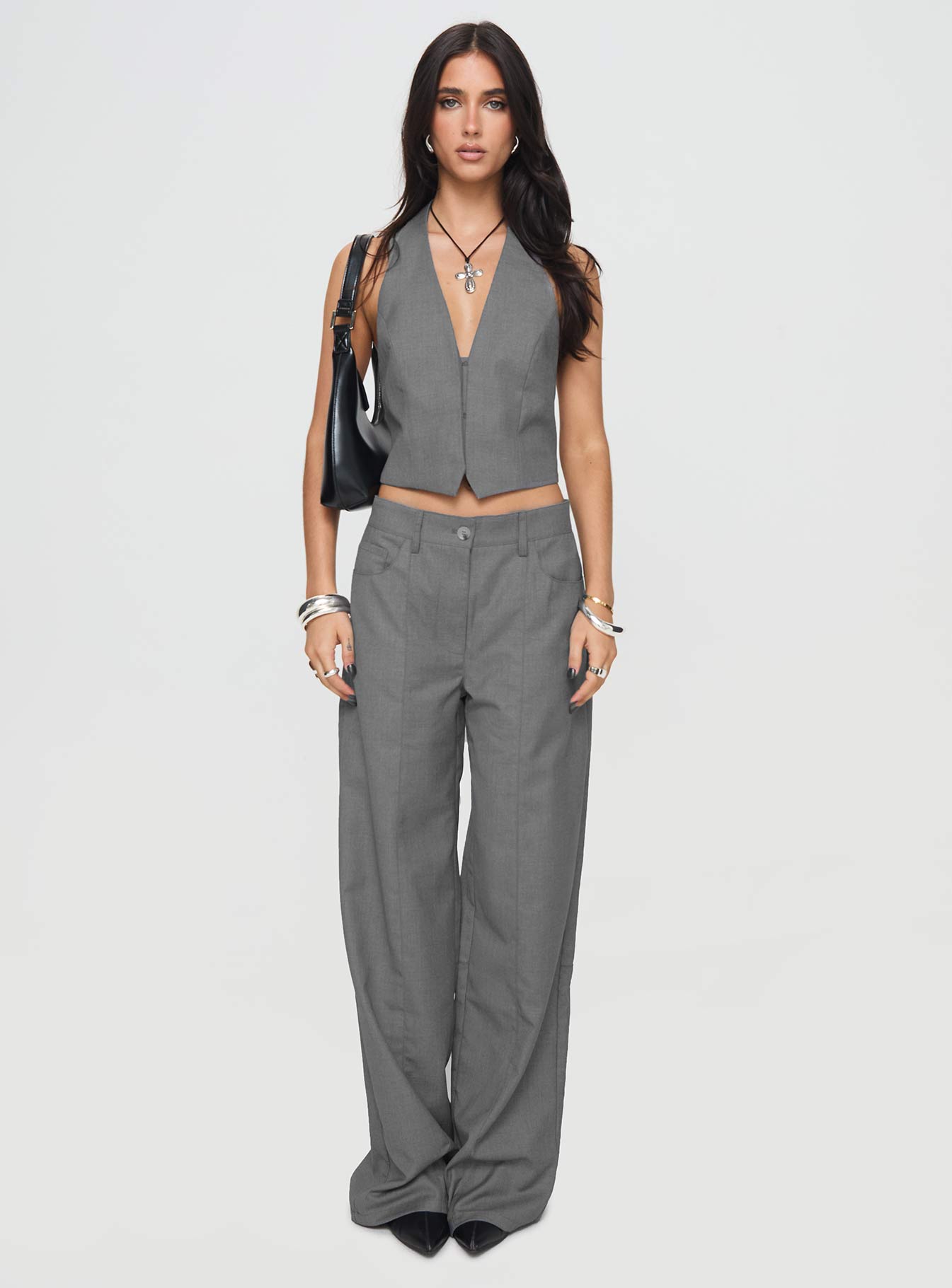 front view of model wearing Princess Polly Dawson Pants Slate Low Rise Pants 