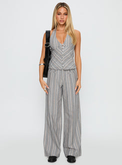 front view of model wearing Princess Polly Lunelle Halter Top Multi Stripe Sleeveless Plunger 