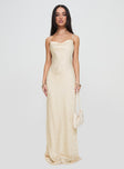 side view of model wearing Princess Polly Esti Maxi Dress Champagne Cowl Neck 