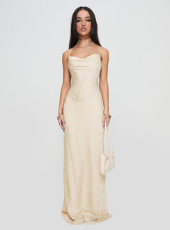 side view of model wearing Princess Polly Esti Maxi Dress Champagne Cowl Neck 