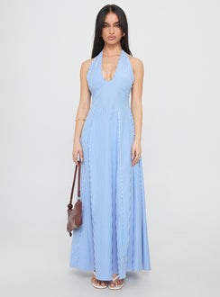 Ivie Halter Plunge Maxi Dress Blue Stripe