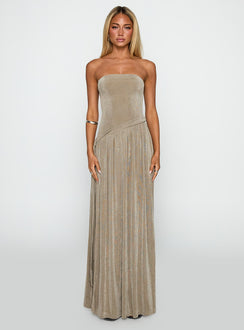 front view of model wearing Princess Polly Inka Strapless Maxi Dress Taupe Straight Neck 
