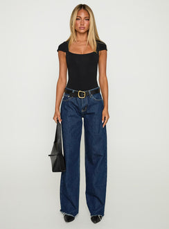 front view of model wearing Princess Polly Want You Forever Bodysuit Black Short Sleeve 