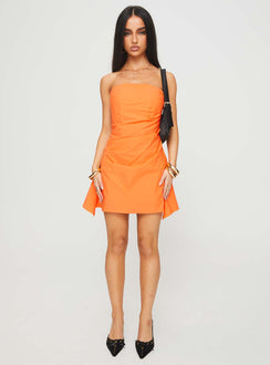 front view of model wearing Princess Polly Bradwell Strapless Mini Dress Orange Straight Neck 