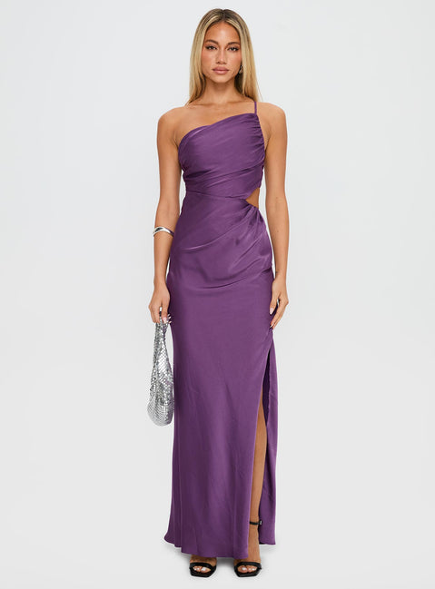 side view of model wearing Princess Polly Leading Role One Shoulder Maxi Dress Purple Asymmetric Neckline 