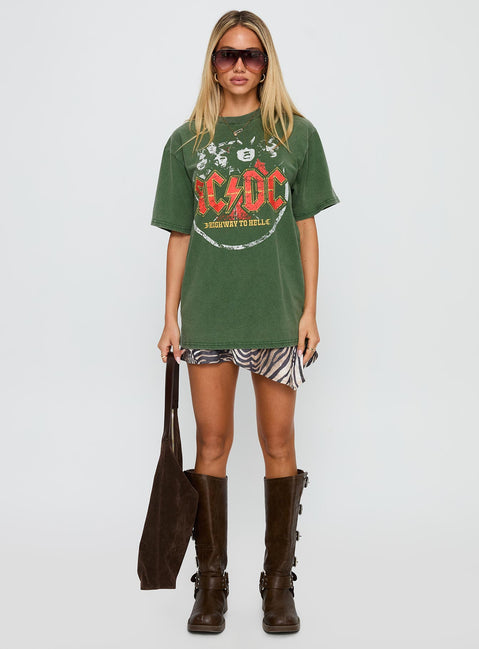 back view of model wearing Princess Polly Acdc Vintage Oversized Graphic Top Green Half Sleeves Crew Neck 