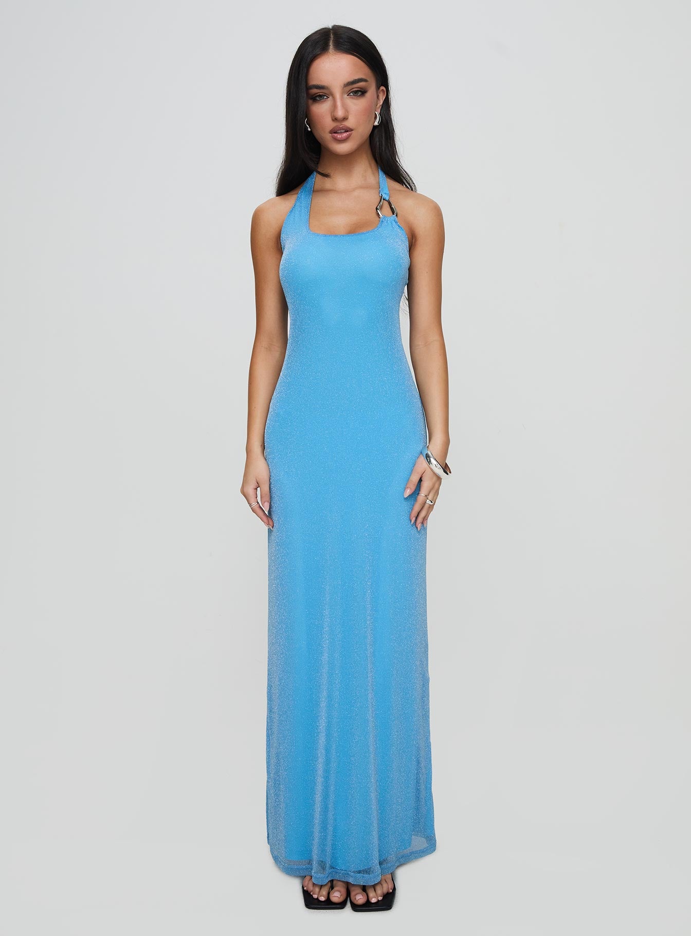 front view of model wearing Princess Polly Merielle Maxi Dress Blue Scoop Neck 