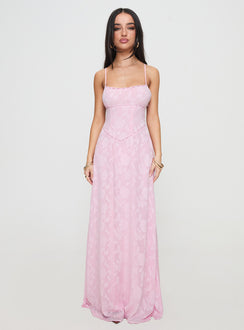 front view of model wearing Princess Polly South Of France Maxi Dress Pink Square Neck 