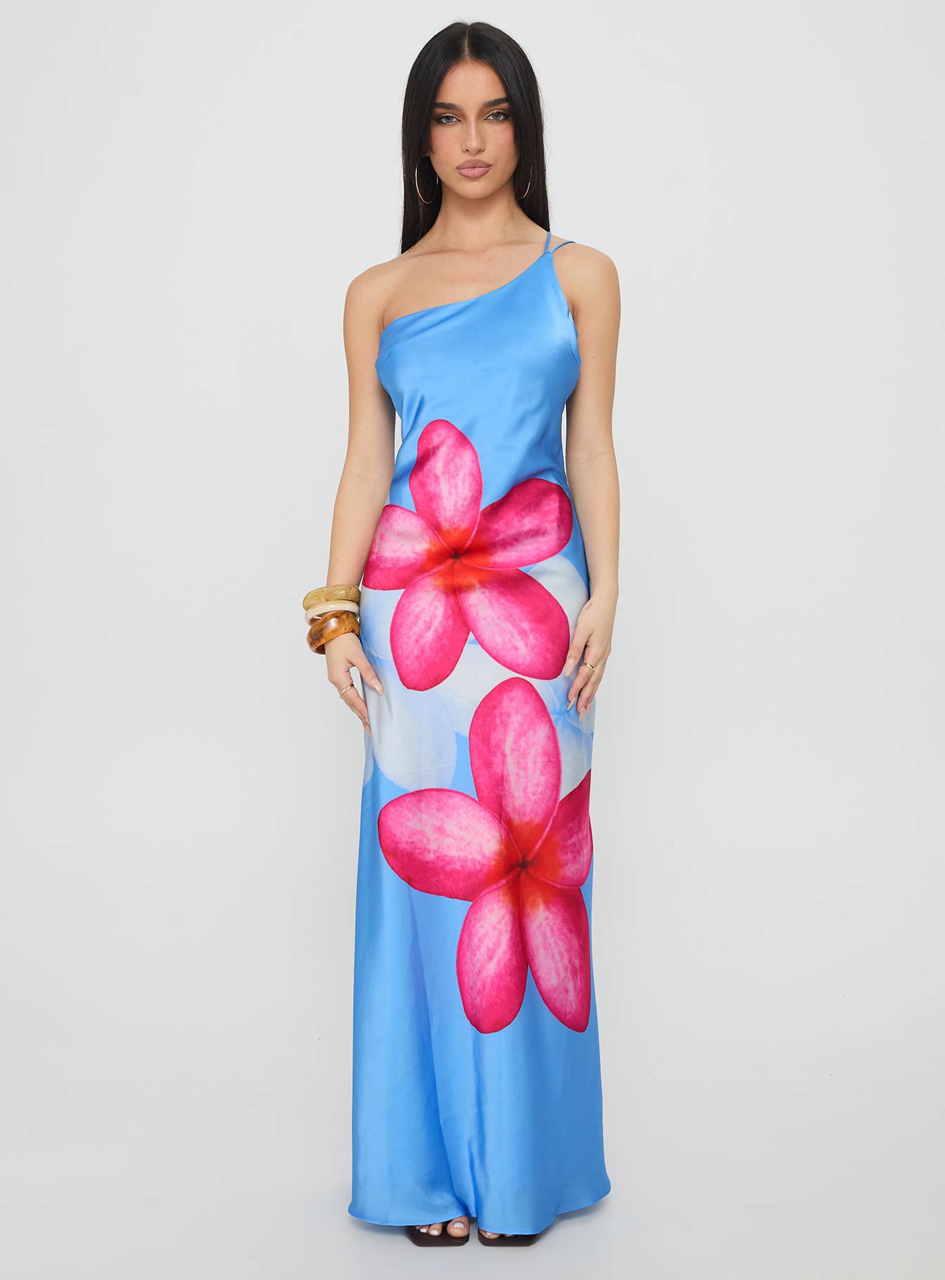 Meilana One Shoulder Maxi Dress Blue Floral