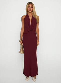front view of model wearing Princess Polly Vortexa Halter Maxi Dress Currant Plunger 