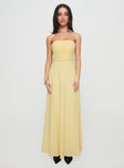 side view of model wearing Princess Polly Anamaria Strapless Maxi Dress Lemon Straight Neck 