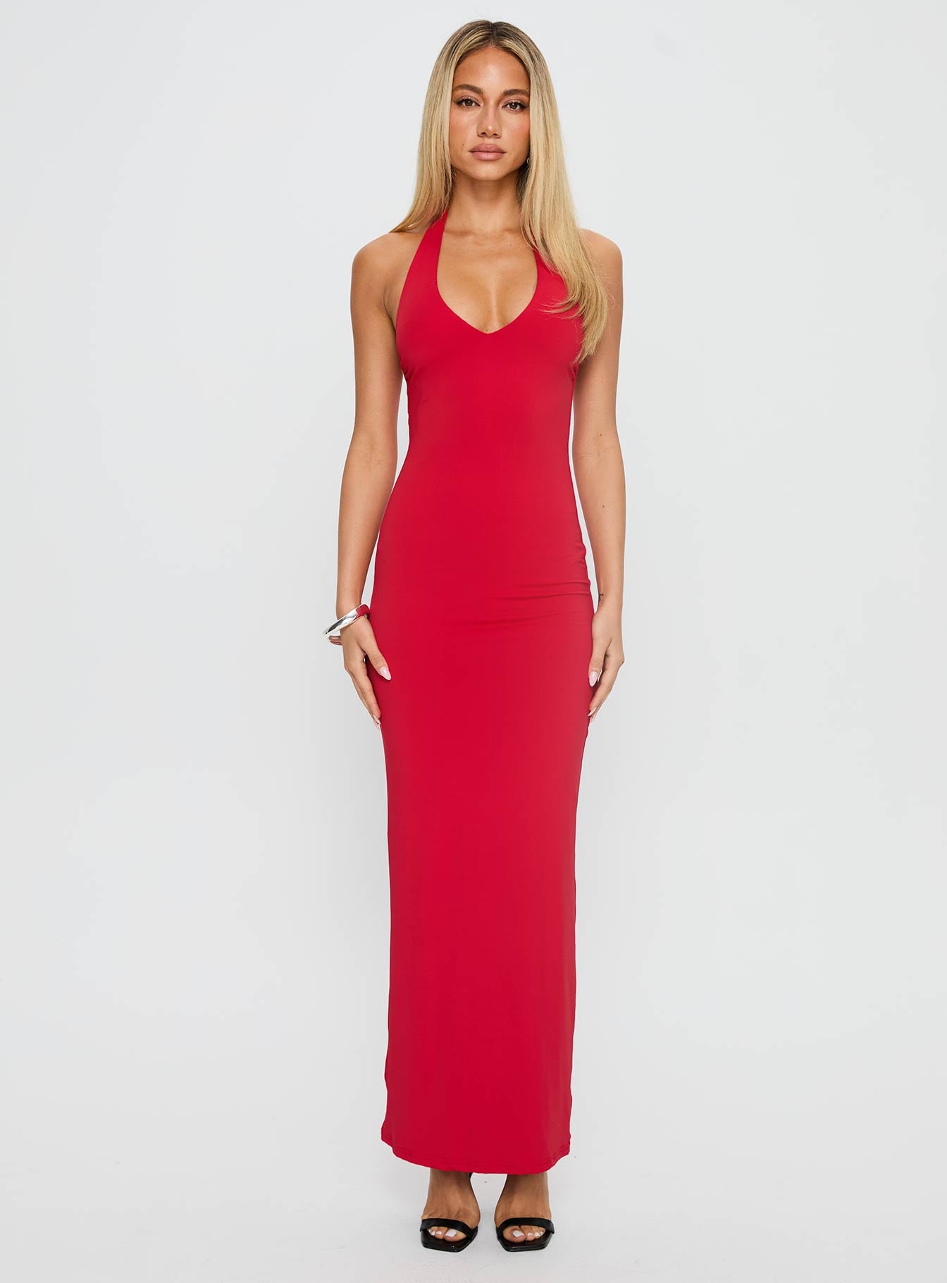 front view of model wearing Princess Polly Spicy Maxi Dress Red Plunger 