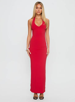 front view of model wearing Princess Polly Spicy Maxi Dress Red Plunger 