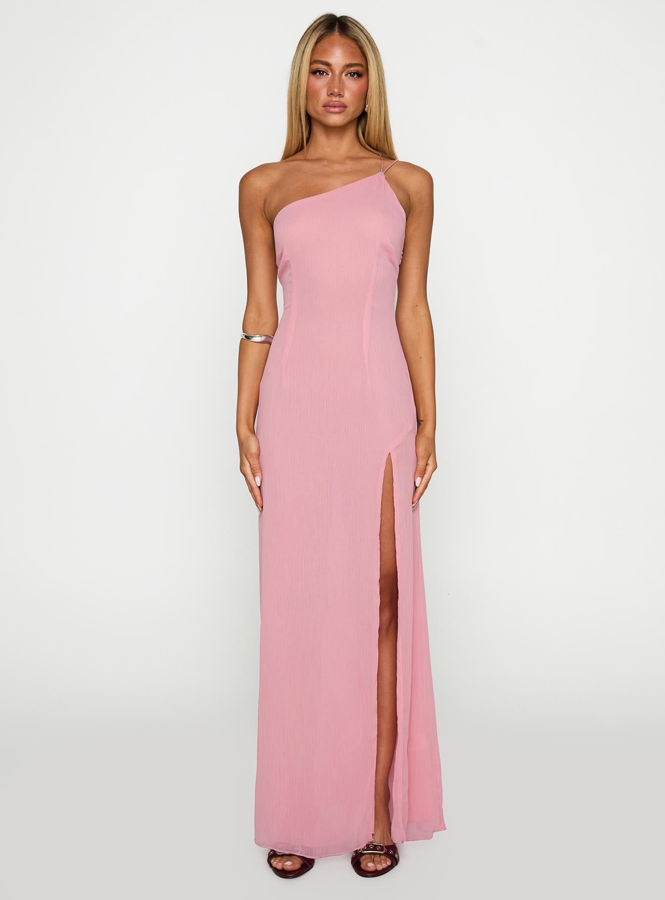 side view of model wearing Princess Polly Kiss Of Life Chiffon Maxi Dress Pink Asymmetric Neckline 