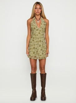 front view of model wearing Princess Polly Mysterie Halter Mini Dress Green / Floral Plunger 