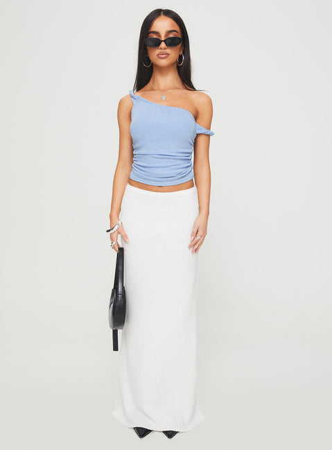 front view of model wearing Princess Polly Messenger One Shoulder Top Blue Sleeveless Asymmetric Neckline 
