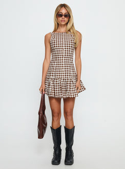 Kolbie Boat Neck Frill Mini Dress Brown Gingham