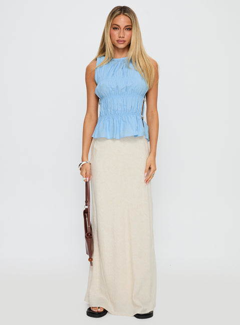 front view of model wearing Princess Polly Read My Soul Bead Detail Top Blue Sleeveless Crew Neck 