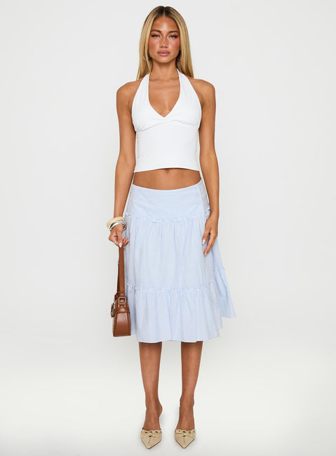   front view of model wearing Princess Polly Cascades Low Rise Midi Skirt Blue / White Stripe Midi Skirts 