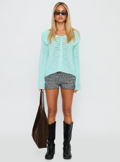 back view of model wearing Princess Polly Tuscon Crochet Sweater Blue 