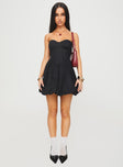 front view of model wearing Princess Polly Zafira Strapless Bubble Hem Mini Dress Black Sweetheart Neckline 