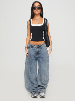 front view of model wearing Princess Polly Ayu Top Black Sleeveless Square Neck 