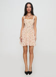 front view of model wearing Princess Polly Straplie Mini Dress Cream Floral Square Neck 