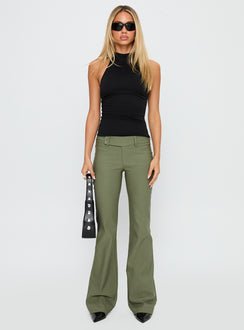 front view of model wearing Princess Polly Kinkirk Flared Pants Olive Green Low Rise Pants 