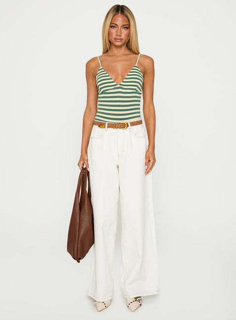 side view of model wearing Princess Polly Like A Daydream Bodysuit Green / Cream Sleeveless 