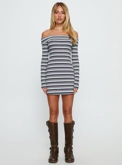 Tosie Long Sleeve Off Shoulder Mini Dress Blue Stripe