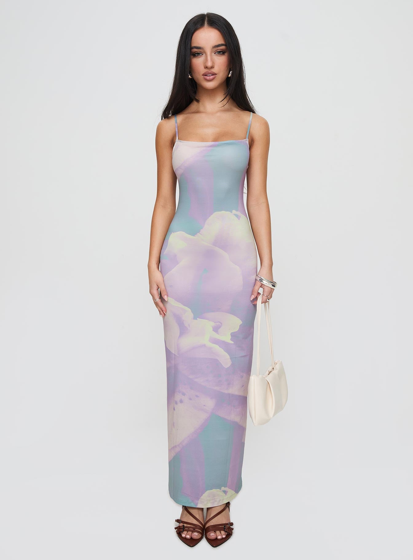 side view of model wearing Princess Polly Norila Maxi Dress Slinky Orchid Petals Lilac Square Neck 