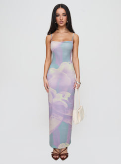side view of model wearing Princess Polly Norila Maxi Dress Slinky Orchid Petals Lilac Square Neck 