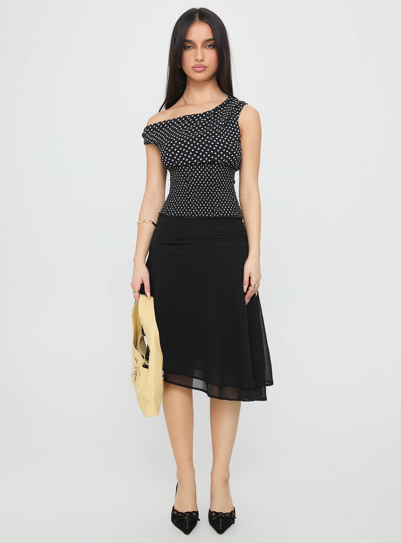   front view of model wearing Princess Polly Evanescence Asymmetrical Midi Skirt Black Midi Skirts 