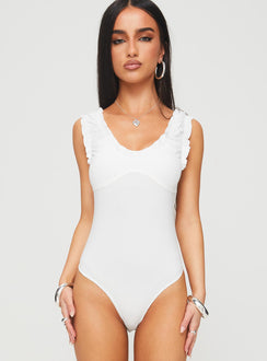 front view of model wearing Princess Polly Soul Love Bodysuit White Sleeveless Scoop Neck 