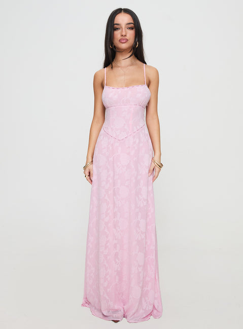 front view of model wearing Princess Polly South Of France Maxi Dress Pink Petite Square Neck 