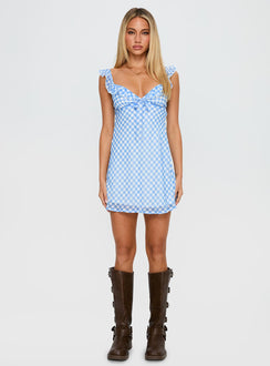 front view of model wearing Princess Polly Marseilla Mini Dress Blue Check Sweetheart Neckline 