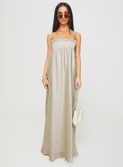 side view of model wearing Princess Polly Pansotti Maxi Dress Beige / White Stripe Square Neck 
