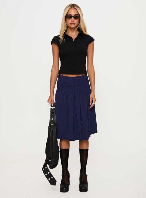   front view of model wearing Princess Polly Elaila Pleat Midi Skirt Navy Midi Skirts 