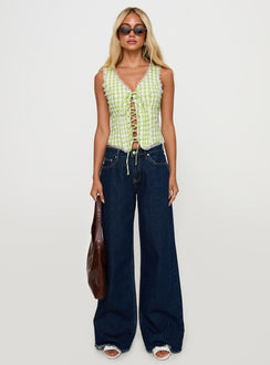 front view of model wearing Princess Polly Wayland Tie Up Lace Trim Top Green Check Sleeveless V-Neck 