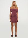 side view of model wearing Princess Polly Primadonna Off The Shoulder Mini Dress Mauve Straight Neck 