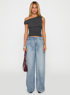 front view of model wearing Princess Polly Bowe Wide Leg Jeans Blue High Waisted 
