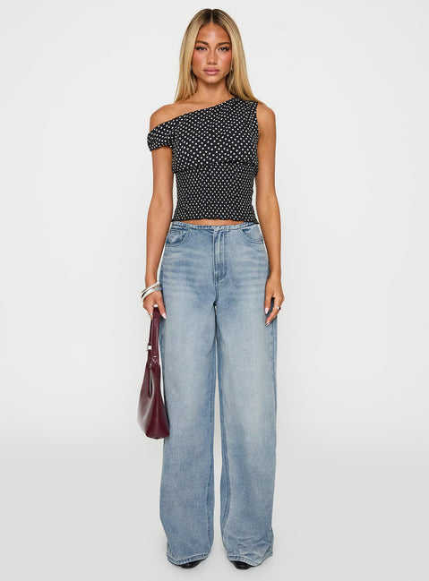 front view of model wearing Princess Polly Bowe Wide Leg Jeans Blue High Waisted 