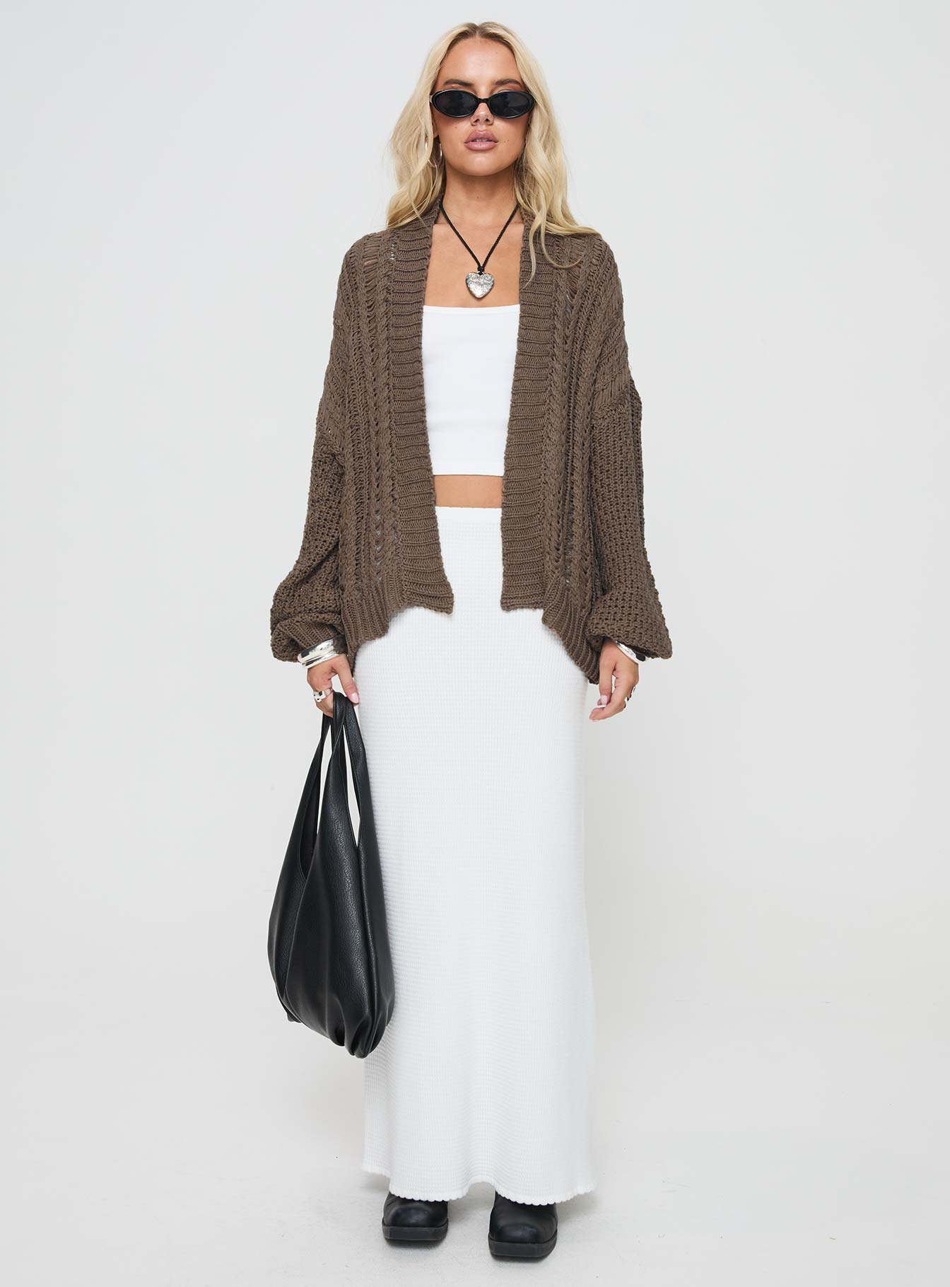 Cable knit cardigan, drop shoulder Good stretch, unlined Princess Polly Lower Impact 